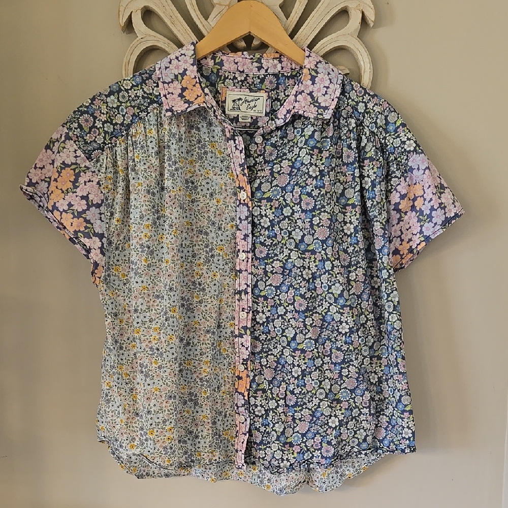 American Eagle Outfitters Floral Patchwork Blouse - Blue, Pink, Yellow